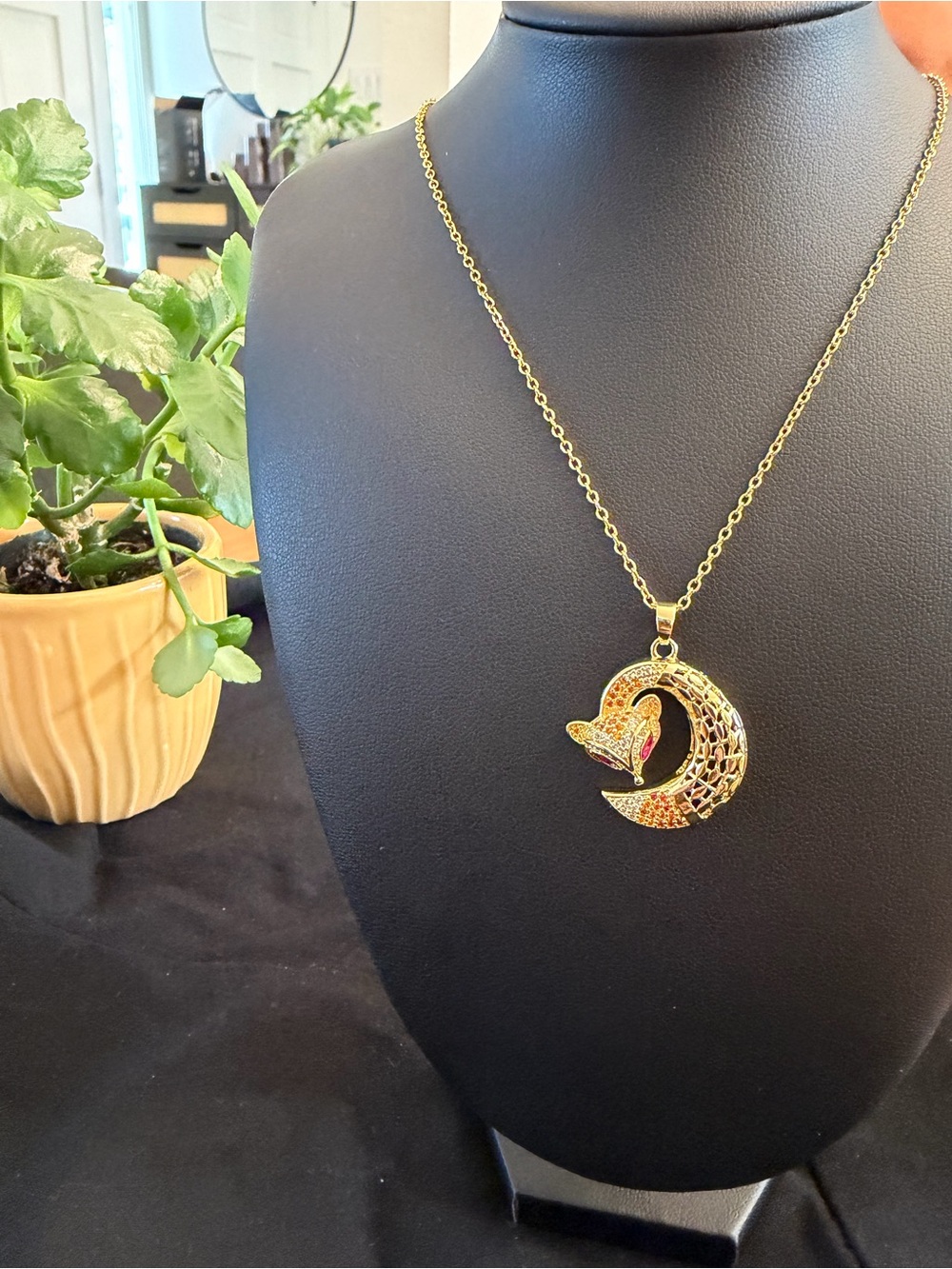 Gold-tone Crescent Fox Pendant Necklace - Gold